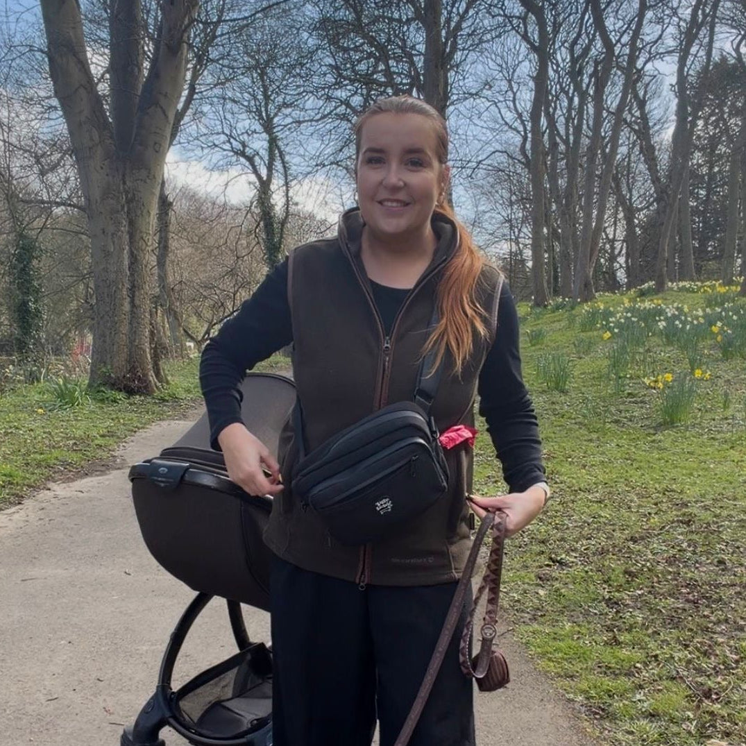 Person walking two dogs on a path with a stroller in a park setting