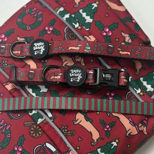 Red dog collar with festive pattern on a white background