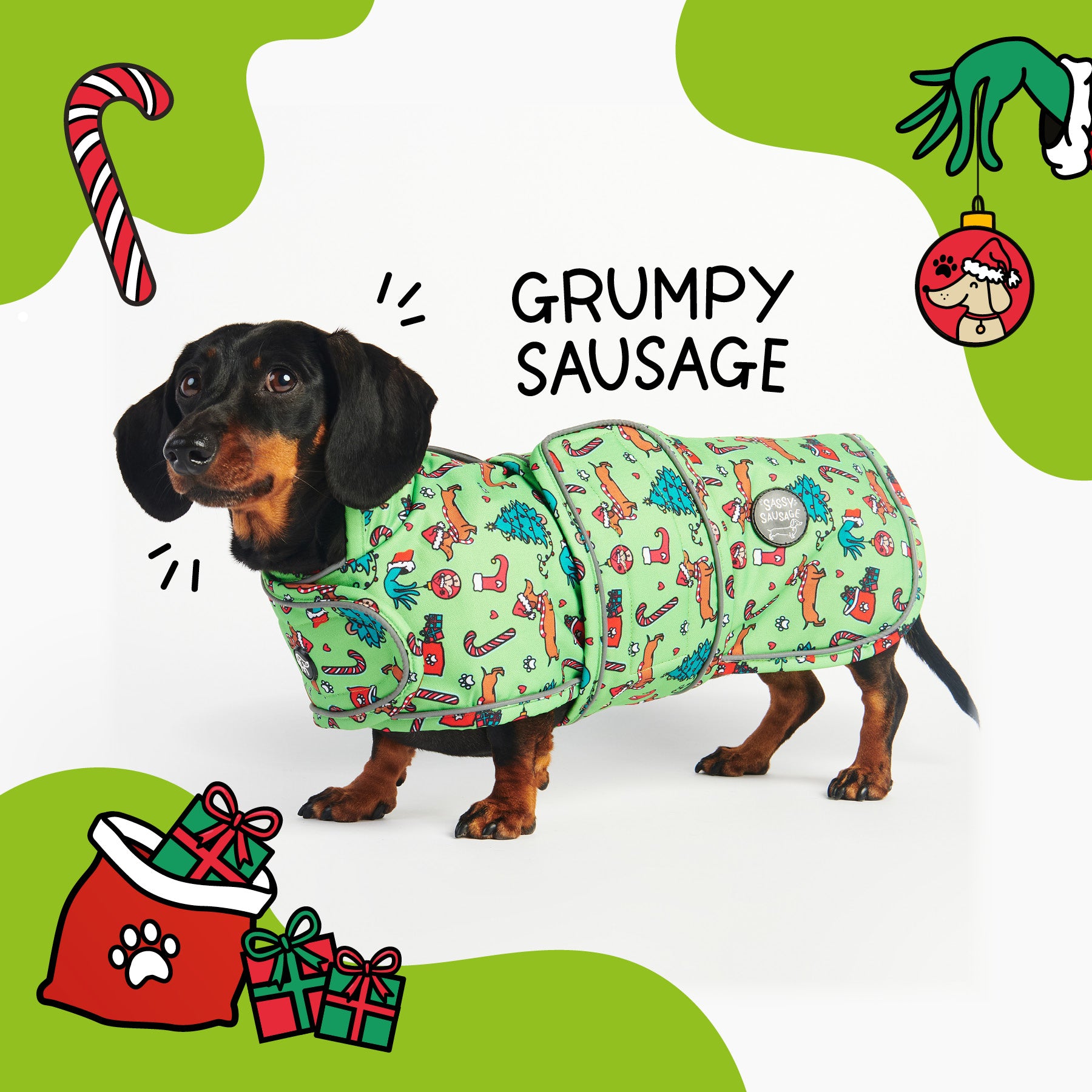 Dog wearing a green patterned coat with 'Grumpy Sausage' text, surrounded by Christmas-themed illustrations on a white background.